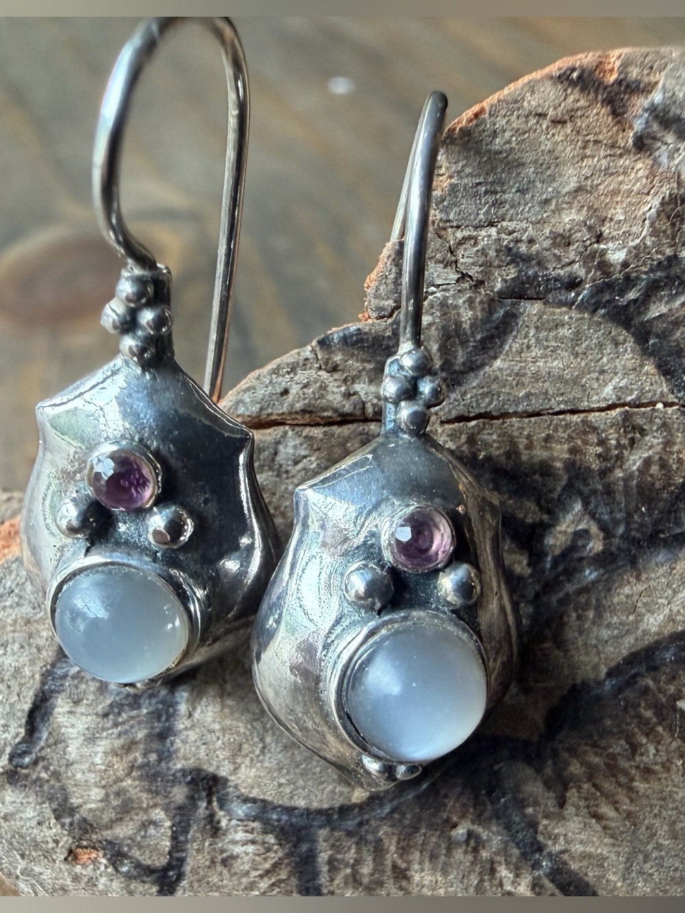 Silver Tone White and Purple Drop Earrings